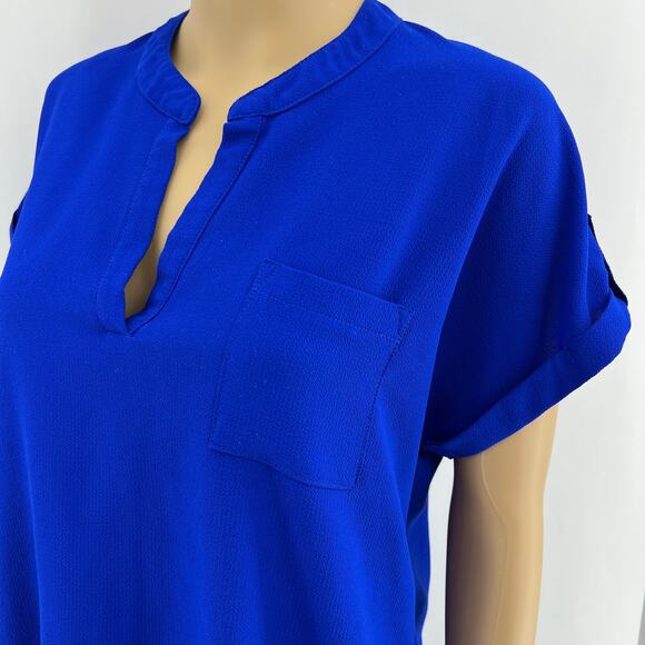 Moa Moa MEDIUM Blue Split V Neck Rolled Cuff Short Sleeve High Low Blouse Top - Picture 2 of 7